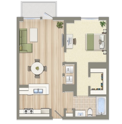 Floor plan for 1 bed, 1 bath, 668 sqft